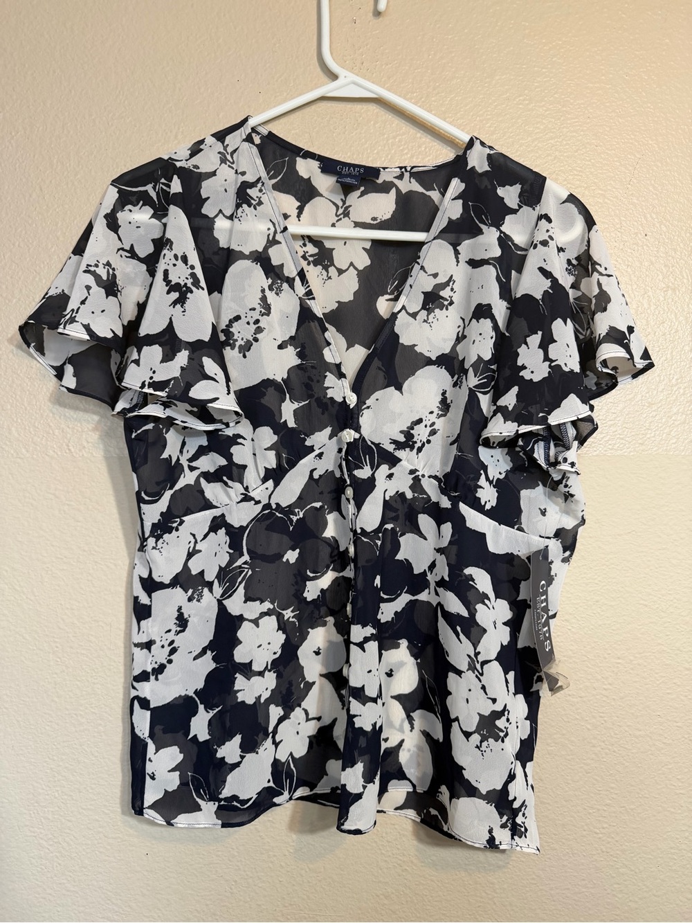 Chaps Sheer Floral V-Neck Flutter Sleeve Top new